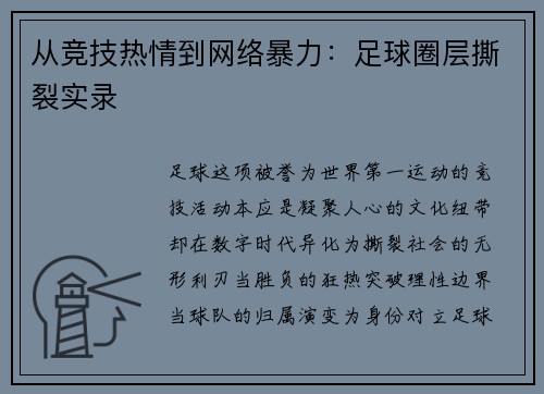 从竞技热情到网络暴力：足球圈层撕裂实录