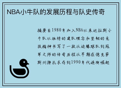 NBA小牛队的发展历程与队史传奇
