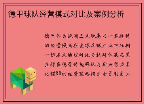德甲球队经营模式对比及案例分析