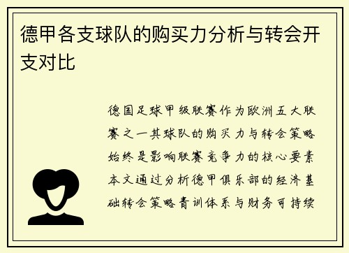 德甲各支球队的购买力分析与转会开支对比