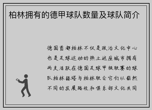 柏林拥有的德甲球队数量及球队简介